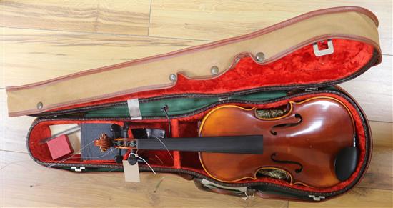 A 20th century violin, by C. A. Gotz Jnr for Schott, West Germany, model no. 106, 1974, L 355.5cm (body)